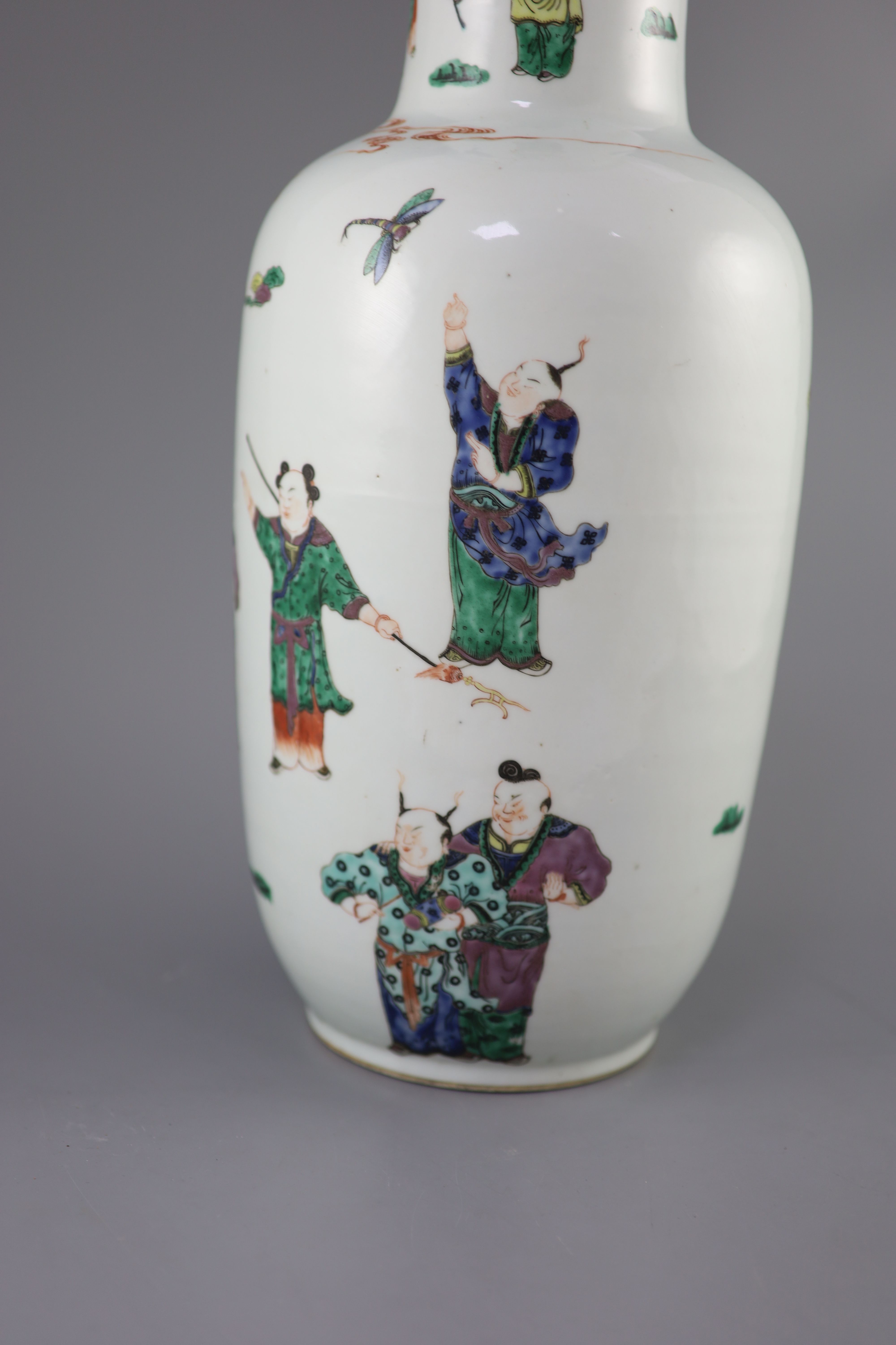 A large Chinese famille verte boys rouleau vase, 19th century, 45cm high